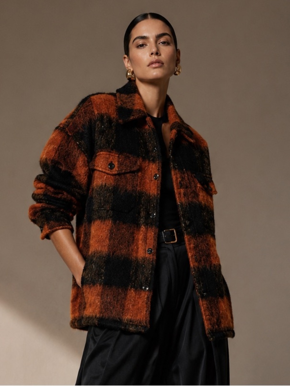 Anine Bing Samone Plaid Wool Mohair‎ Alpaca Oversized Jacket Orange Black XS